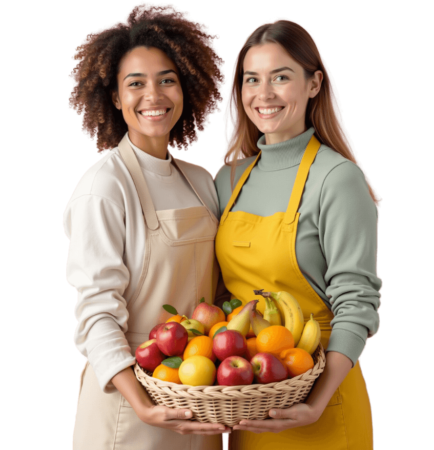two women holding a fruit basket